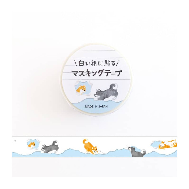 Rouleau de Washi Tape Japonais avec pour motifs des chiens shiba qui déchirent le papier