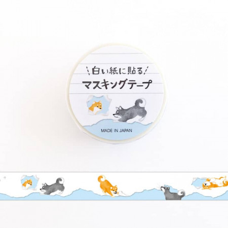 Rouleau de Washi Tape Japonais avec pour motifs des chiens shiba qui déchirent le papier