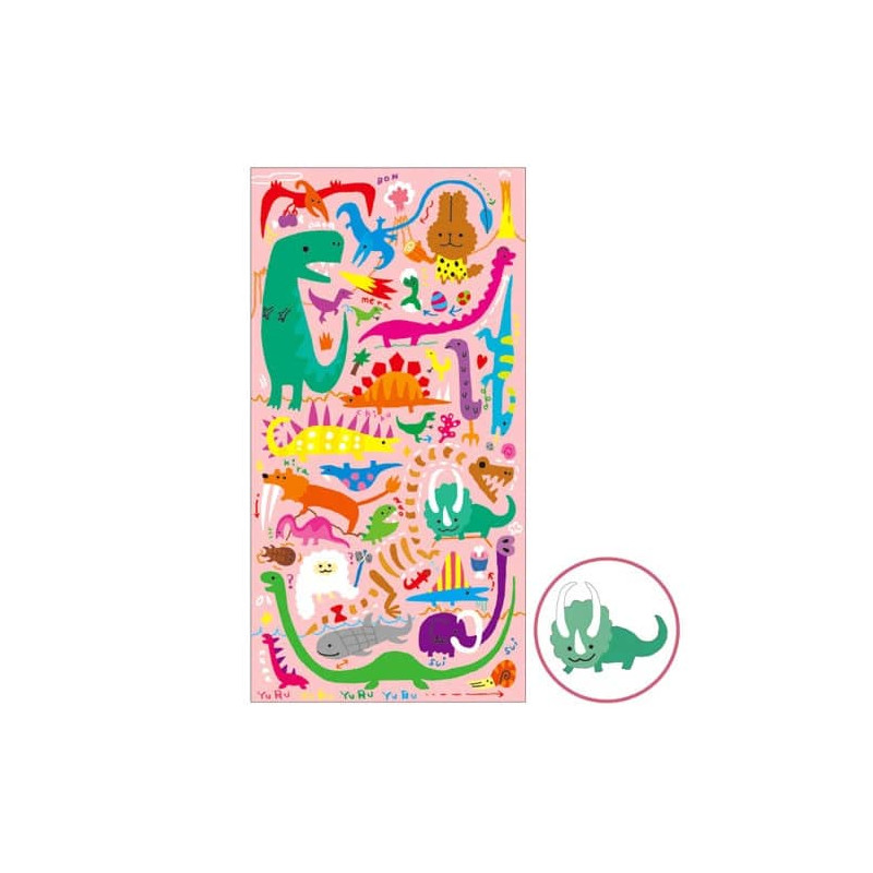 Planche de 40 stickers qui représentent des dinosaures en mode dessins d'enfants