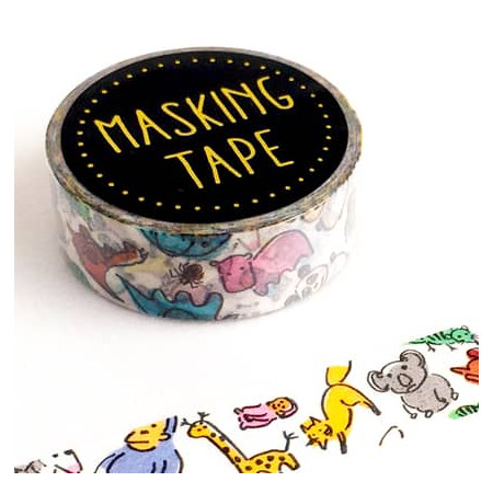 Rouleau de Washi Tape Japonais avec pour motif des animaux coloré crayonés