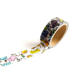 Rouleau de Washi Tape Japonais avec pour motif des animaux coloré crayonés - déroulé
