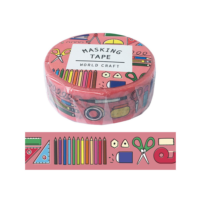 Rouleau de Washi Tape  avec pour motifs des objets de papeterie comme des crayons et des gommes