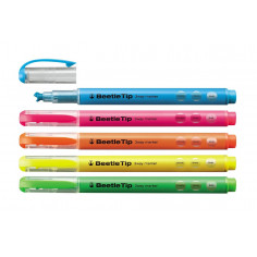 Lot de 5 surligneurs fluo Kokuyo avec une double mine Beetle Tip. En Bleu, Rose, Orange, Jaune et Vert - vue 2