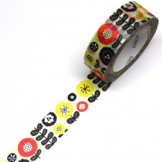 Rouleau de Washi Tape avec pour motifs des fleurs au style et aux couleurs rétro. Déroulé
