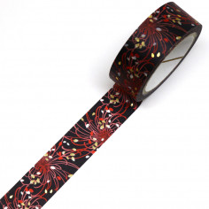 Rouleau de Washi Tape avec pour motifs des fleurs rouges et dorées dans un style Japonais traditionnel. Déroulé