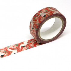 Rouleau de Washi Tape Japonais avec pour motifs des fleurs et des Grues du Japon. Déroulé.