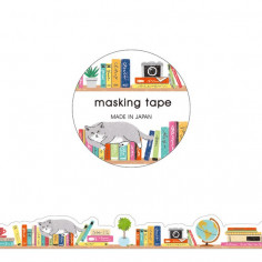 Rouleau de Washi Tape Japonais avec pour motifs des livres et des chats sur des étagères.